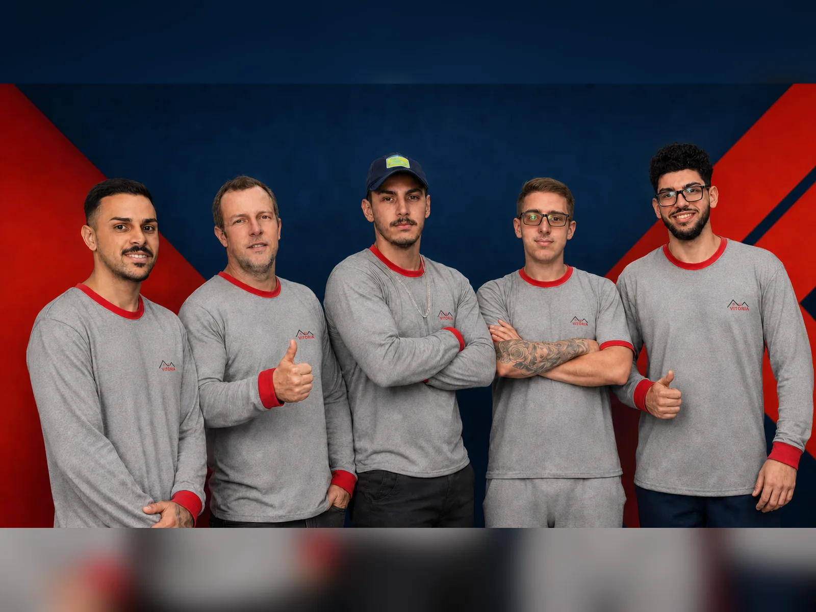 Equipe do Depósito Vitória reunida com o uniforme da loja.