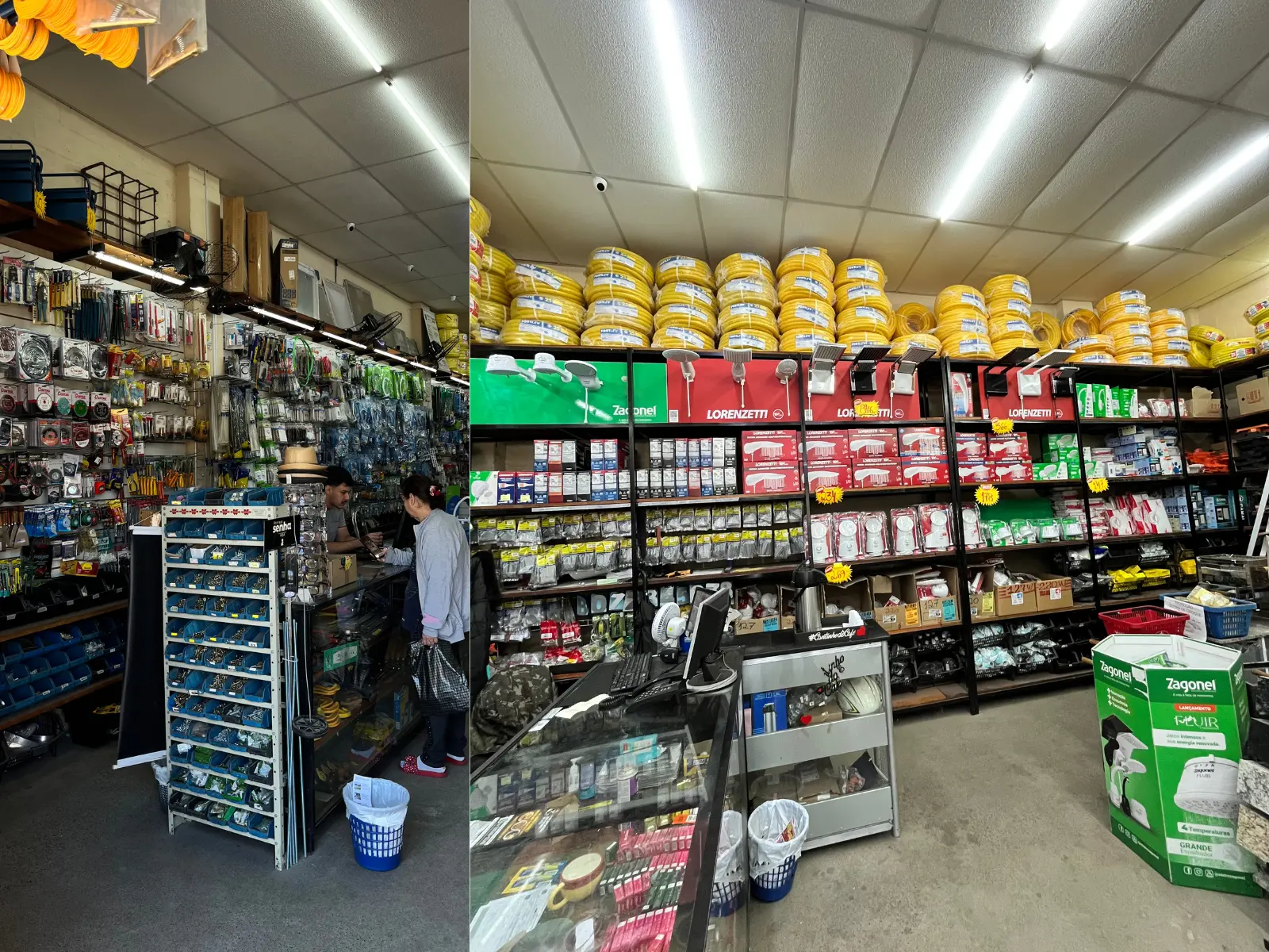 Interior do Depósito Vitória com prateleiras de ferragens e fios elétricos organizados, e um atendente auxiliando um cliente no balcão.