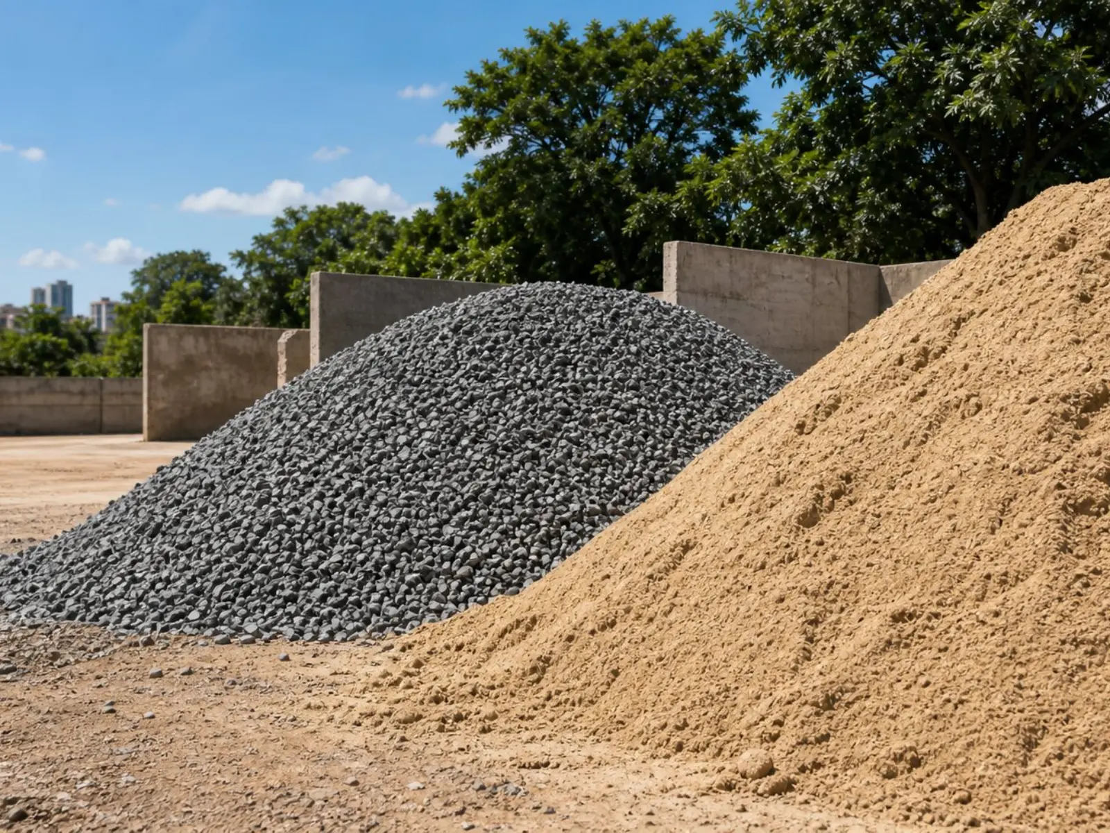 Montes de brita e areia a céu aberto, em um pátio cercado por muros de concreto e árvores.